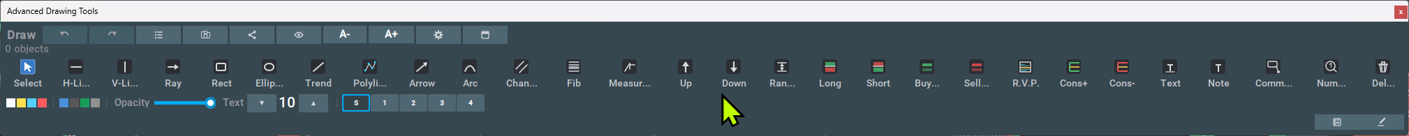 The palette in the Expanded layout: one wide strip of tool buttons, each with its caption, above the color presets, opacity slider and text size controls.