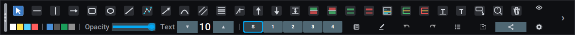 The palette in the HUD layout: a single frameless strip of tool icons with the color presets, opacity slider, text size and layer buttons beneath.