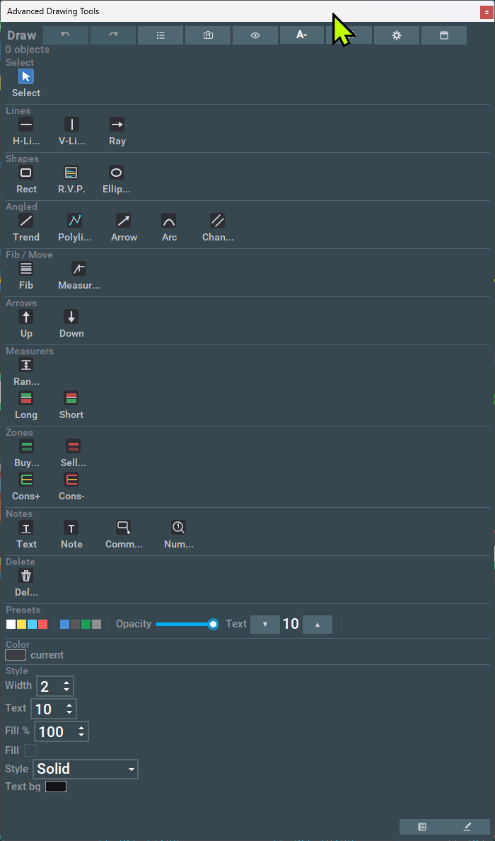 The palette in the Legacy layout: a tall single column with the tools grouped under Lines, Shapes, Angled, Fib and Move, Arrows, Measurers, Zones, Notes and Delete, with the style controls at the foot.