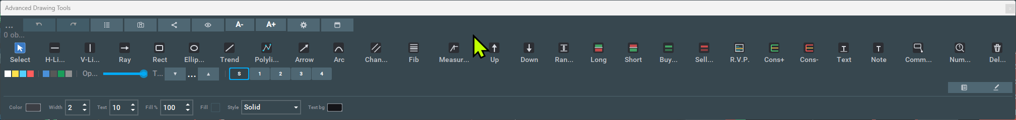 The palette with the style row open, showing the color, width, text size, fill percentage, fill toggle, line style and text background controls.